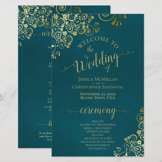 Elegant Dark Teal & Gold Budget Wedding Program (Voorkant / Achterkant)