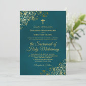 Elegant Dark Teal & Gold Modern Catholic Wedding Kaart (Staand voorkant)
