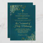 Elegant Dark Teal & Gold Modern Catholic Wedding Kaart (Voorkant / Achterkant)