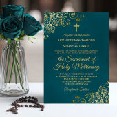 Elegant Dark Teal & Gold Modern Catholic Wedding Kaart
