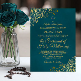 Elegant Dark Teal & Gold Modern Catholic Wedding Kaart