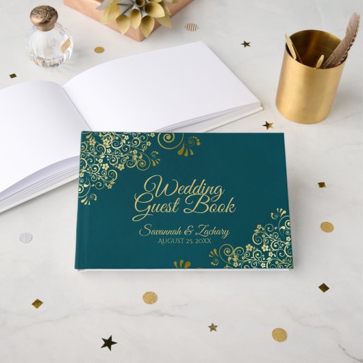 Elegant Dark Teal & Gold Stylish Wedding Gastenboek (Voorkant open)