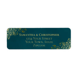 Elegant Dark Teal & Gold Wedding Return Address Etiket