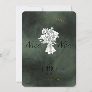 Elegant Dark Teal Watercolor Wedding Invitation wi Kaart