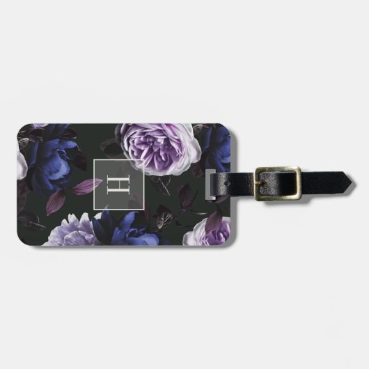 Elegant Dark Violet Floral | Monogram Bagagelabel (Voorkant horizontaal)