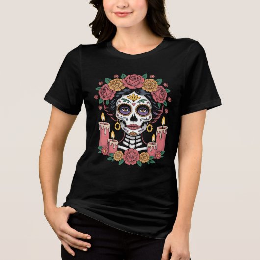 Elegant Day of the Dead Sugar Skull Woman Tri-Blend Shirt (Voorkant)