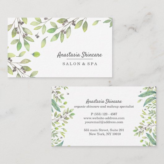 Elegant Day Spa en Salon Green Foliage waterverf Visitekaartje (Voorkant / Achterkant)