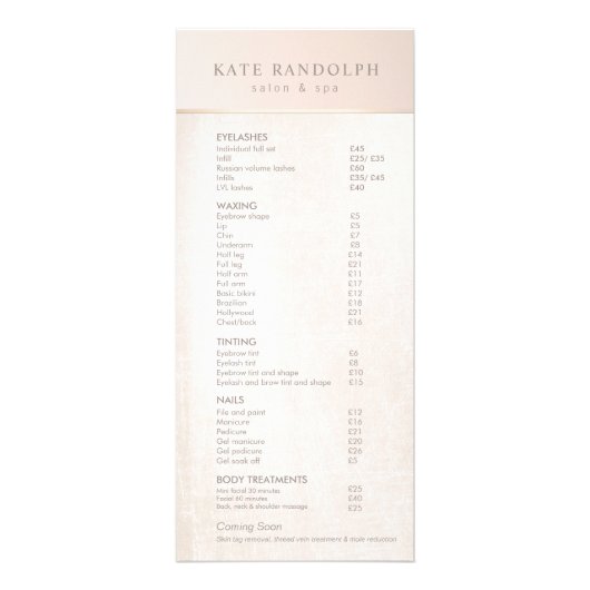 Elegant Day Spa roze marmer Salon Price List Menu (Voorkant)