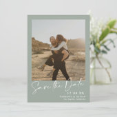 Elegant de groene 2 foto's van het manuscriptblad save the date (Staand voorkant)