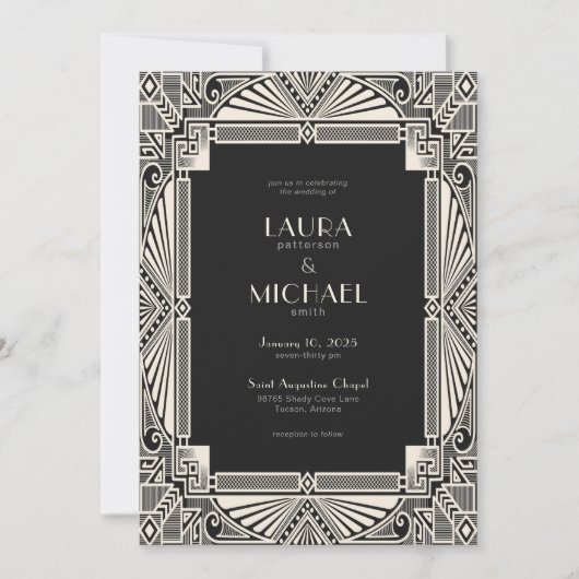 Elegant Deco Black Ivory Invitation Kaart (Voorkant)