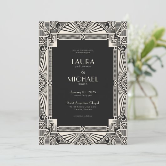 Elegant  Deco Black Ivory Invitation Kaart (Staand voorkant)