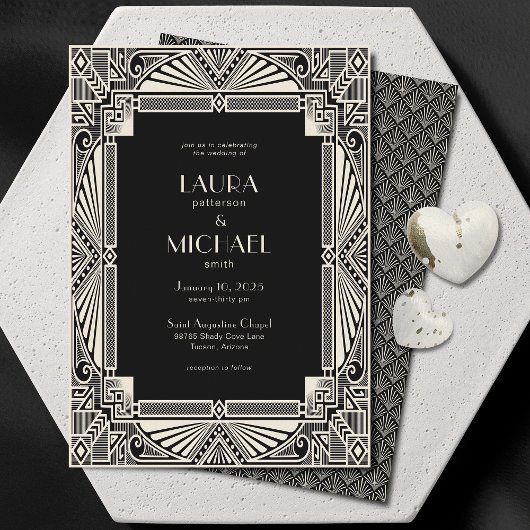 Elegant  Deco Black Ivory Invitation Kaart