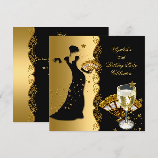 Elegant Deco Lady 50th Birthday Party Gold Black Kaart (Voorkant / Achterkant)
