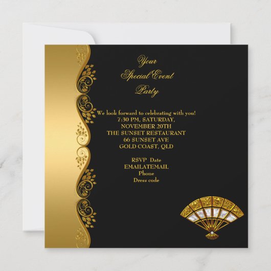 Elegant Deco Lady 50th Birthday Party Gold Black Kaart (Achterkant)