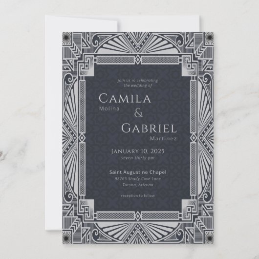 Elegant  Deco Navy Grey Invitation Kaart (Voorkant)