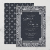 Elegant  Deco Navy Grey Invitation Kaart (Voorkant / Achterkant)