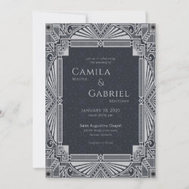 Elegant  Deco Navy Grey Invitation Kaart