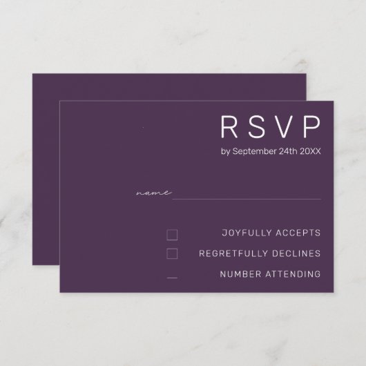 Elegant Deegal Minimal Paars Modern Wedding RSVP Kaart (Voorkant / Achterkant)