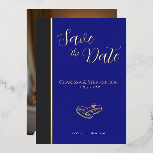 Elegant Deep Blue  Anthracite  Photo Save The Date Folie Uitnodiging (Voorkant / Achterkant)