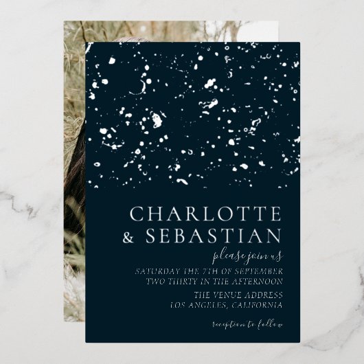 Elegant Deep Blue Photo Wedding Persoonlijk Folie Uitnodiging (Voorkant / Achterkant)