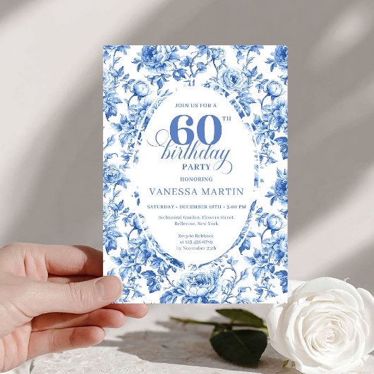 Elegant Deep Blue Toile Roses 60th Birthday Downlo Kaart