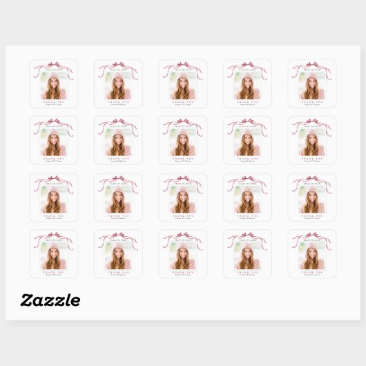 Elegant Deep Blush Bow Graduation Photo Thank You  Vierkante Sticker (Vel)