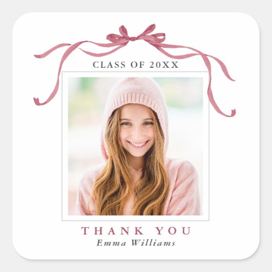 Elegant Deep Blush Bow Graduation Photo Thank You  Vierkante Sticker (Voorkant)