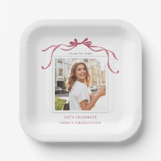 Elegant Deep Blush Ribbon Bow Graduation Photo Papieren Bordje (Voorkant)