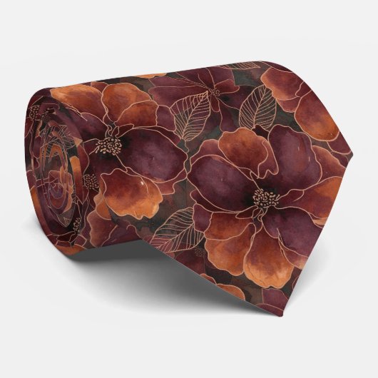 Elegant Deep Burgundy and Copper Abstract Floral Stropdas (Opgerold)