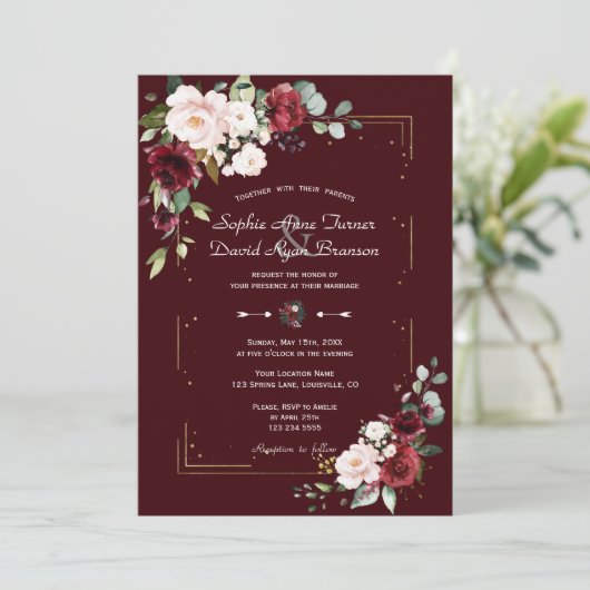 Elegant Deep Burgundy Blush Flowers Gold Wedding Kaart (Staand voorkant)