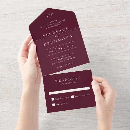 Elegant Deep Burgundy Classic Wedding All In One Uitnodiging (Afscheurbaar)