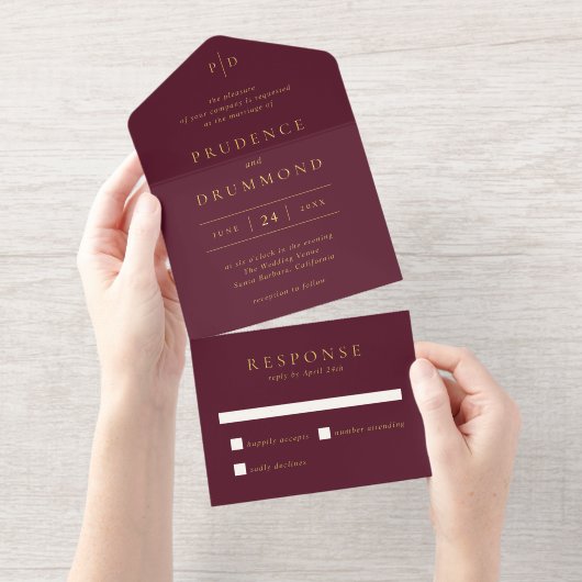 Elegant Deep Burgundy Classic Wedding All In One Uitnodiging (Uittrekbaar)