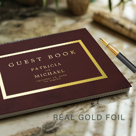 Elegant deep burgundy gold foil typography wedding gastenboek
