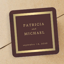 Elegant deep burgundy gold personalized wedding  vierkante sticker