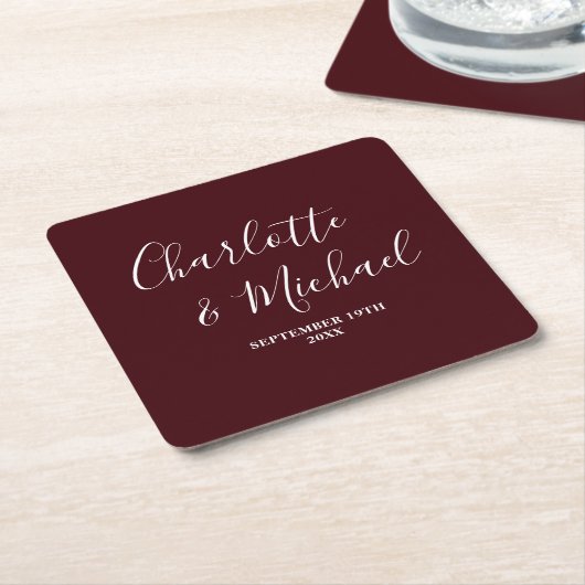Elegant Deep Burgundy Script Minimalist Wedding Kartonnen Onderzetters (Schuin)