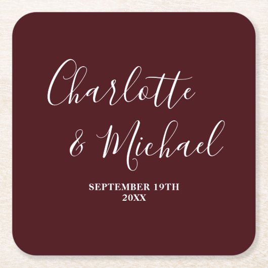Elegant Deep Burgundy Script Minimalist Wedding Kartonnen Onderzetters (Voorkant)
