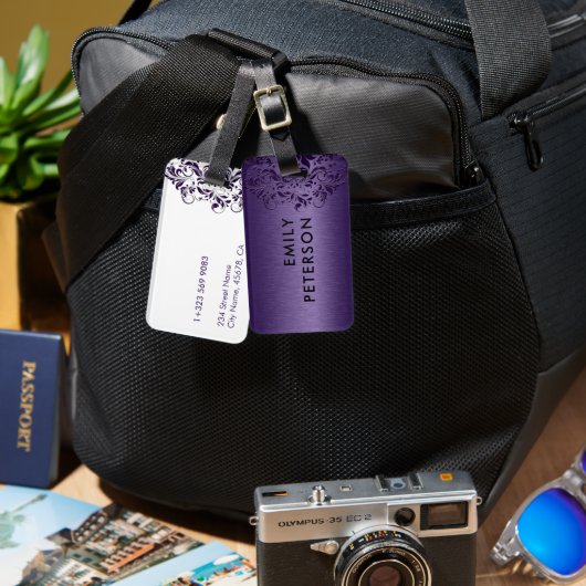 Elegant Deep Paarse Floral Lace op Paars Bagagelabel (Voorkant /achterkant)