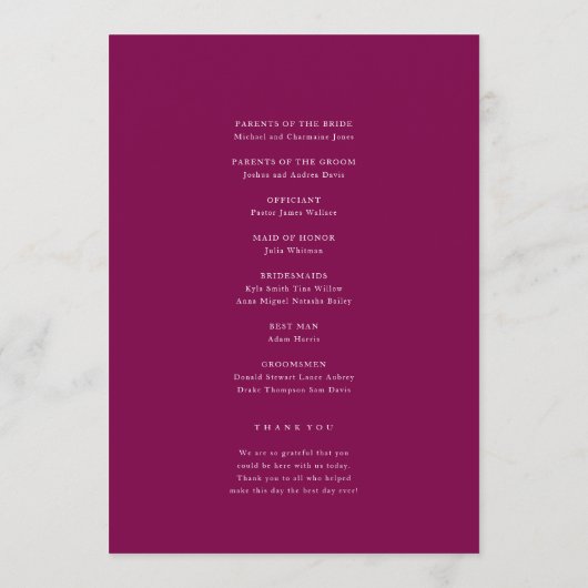 Elegant Deep Pink Floral Wedding Program Programmakaart (Achterkant)