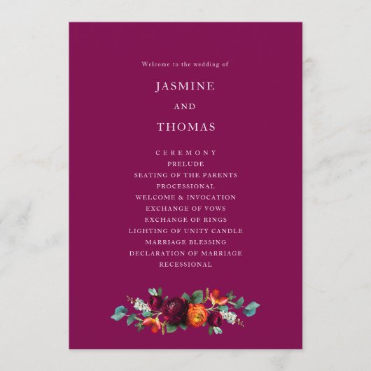 Elegant Deep Pink Floral Wedding Program Programmakaart (Voorkant)