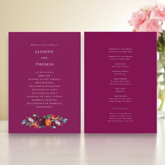 Elegant Deep Pink Floral Wedding Program Programmakaart