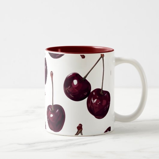 Elegant Deep Red Cherry Pattern Two-Tone Mug Tweekleurige Koffiemok (Rechts)