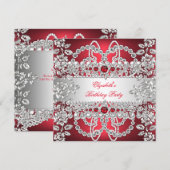 Elegant Deep Red Diamonds Silver Floral Birthday Kaart (Voorkant / Achterkant)