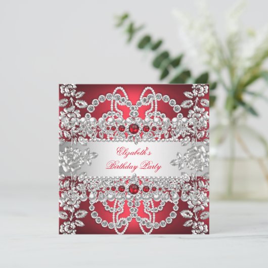 Elegant Deep Red Diamonds Silver Floral Birthday Kaart (Staand voorkant)