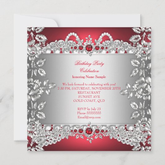 Elegant Deep Red Diamonds Silver Floral Birthday Kaart (Achterkant)