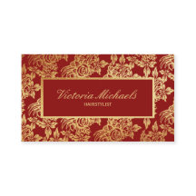 Elegant Deep Red en Gold Floral Visitekaartje