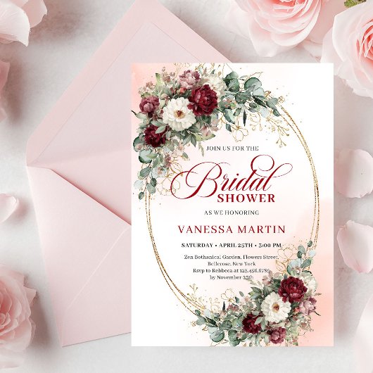 Elegant Deep Red Eucalyptus Bridal Shower Invite Kaart