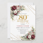 Elegant Deep Red Floral 80th Birthday Invitation Kaart (Voorkant)