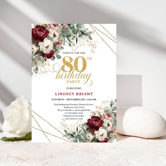 Elegant Deep Red Floral 80th Birthday Invitation Kaart
