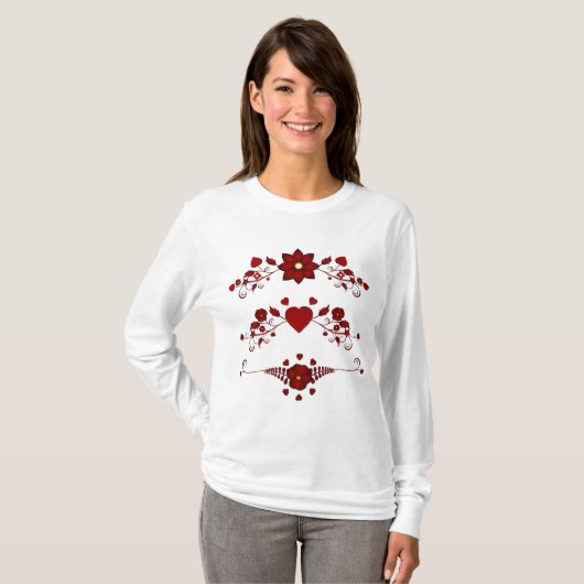 Elegant Deep Red Floral Flourish T-shirt (Voorkant volledig)