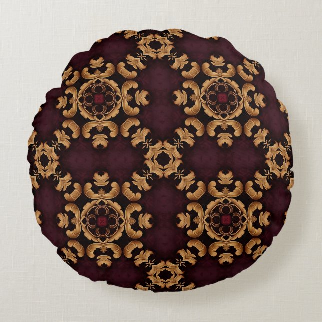 Elegant deep red gold arabesque pattern rond kussen (Voorkant)